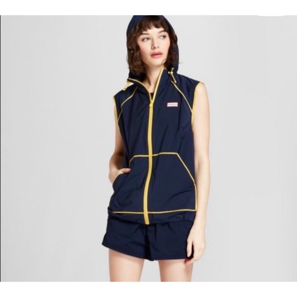 Hunter large Windbreaker Hooded Vest Medium Navy Yellow Lightweight (bin HH161)